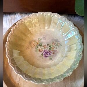Beautiful Antique Yellow Floral Iridescent Porcelain Serving Bowl